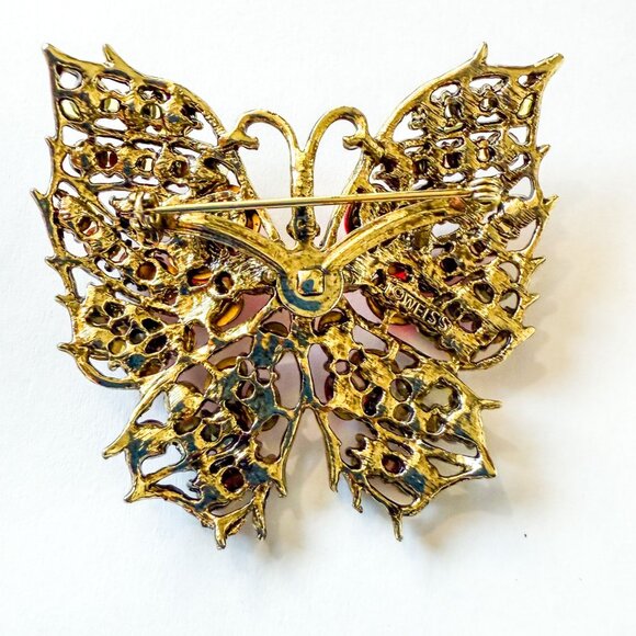 Weiss Butterfly Gold Tone Pink Rhinestones Red Cabochon Brooch & Clip-On Earring - Picture 7 of 8